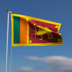 Sri Lanka Flag is waving in front of a blue sky with blurred clouds in the background