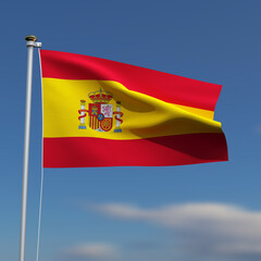 Spain Flag is waving in front of a blue sky with blurred clouds in the background