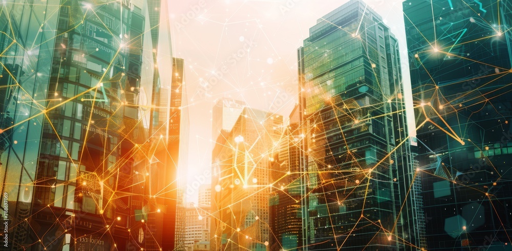 Poster a background featuring digital network connections with office buildings in the foreground, represen