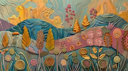 vibrantly colored bas-relief wall art piece featuring a stylized representation of nature with various plant forms.
