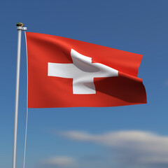 Switzerland Flag is waving in front of a blue sky with blurred clouds in the background
