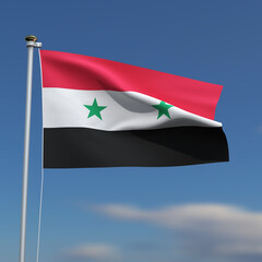 Syria Flag is waving in front of a blue sky with blurred clouds in the background