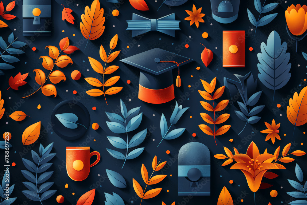 Wall mural Graduation concept with autumn leaves and educational icons, suitable for academic achievements. - Wall murals