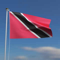 Trinidad and Tobago Flag is waving in front of a blue sky with blurred clouds in the background