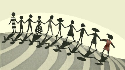 A group of stylized, silhouetted children are holding hands and standing in a line that stretches across a rolling, textured landscape, 