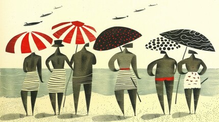 A group of six stylized figures stands side-by-side on a sandy beach, each holding a distinct patterned umbrella. 