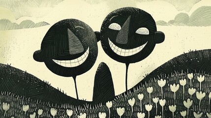 Black and white illustration of two stylized faces sharing a joyful moment amongst a field of heart-shaped plants
