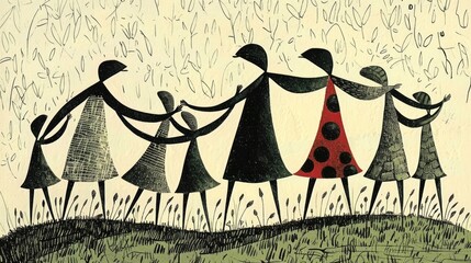 Hand-in-hand silhouettes in a meadow during sunset hours: A stylized artistic iIllustration