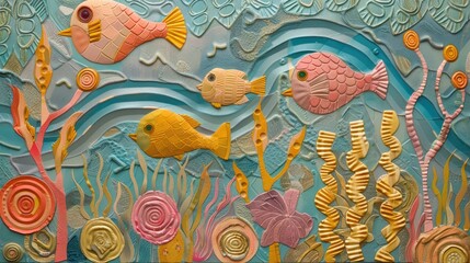 vibrant bas-relief sculptureof underwater seascape teeming with tropical fish, coral formations, and aquatic flora, 
