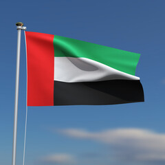 United Arab Emirates Flag is waving in front of a blue sky with blurred clouds in the background