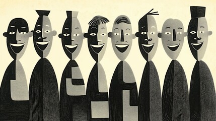 Eclectic group of stylized characters showcasing different personalities in a monochrome artwork