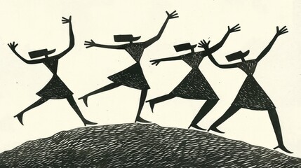 Joyful dance of four silhouetted figures on a hilltop