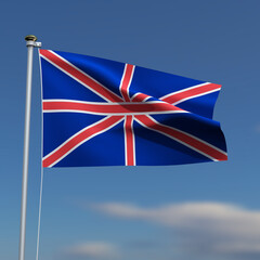 United Kingdom Flag is waving in front of a blue sky with blurred clouds in the background