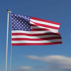 United States Flag is waving in front of a blue sky with blurred clouds in the background