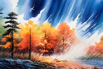 Watercolor paintings rain in autumn