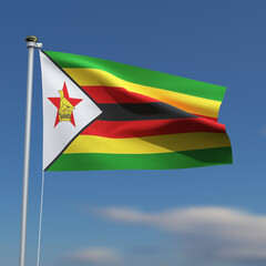 Zimbabwe Flag is waving in front of a blue sky with blurred clouds in the background