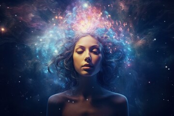 Serene Spiritual ethereal young girl galaxy. Cute person star portrait face. Generate Ai