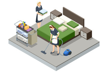 Isometric Professional chambermaids cleaning floor in hotel room. Chambermaid in uniform using vacuum cleaner while cleaning floor covering in one of hotel room
