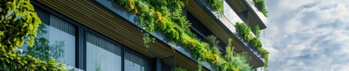 Modern building with vertical gardens and green living walls on a sunny day. Eco-friendly architecture concept
