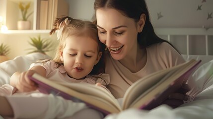 mother and child daughter reading book in bed before going to sleep at night - obrazy, fototapety, plakaty