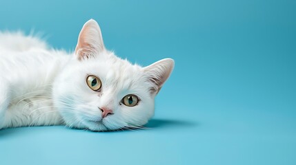 Studio portrait of a white cat looking at camera cat lies on the blue background