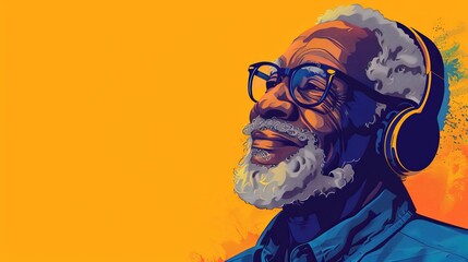 Illustration with an elderly African American man smiling while listening to music on wireless headphones on an orange background