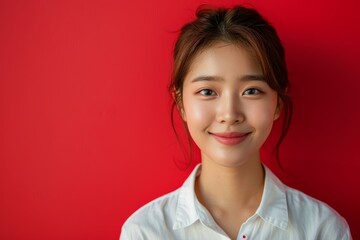 Young korean business woman wearing white shirt on red background