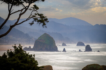 View of Haystack Rock from Ecola State Park. Known for some of the best views on the Oregon Coast and Haystack Rock, Ecola State Park is an ideal spot to watch enormous storm waves roll in.