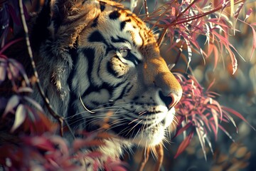 Profile of a tiger in a mystical forest