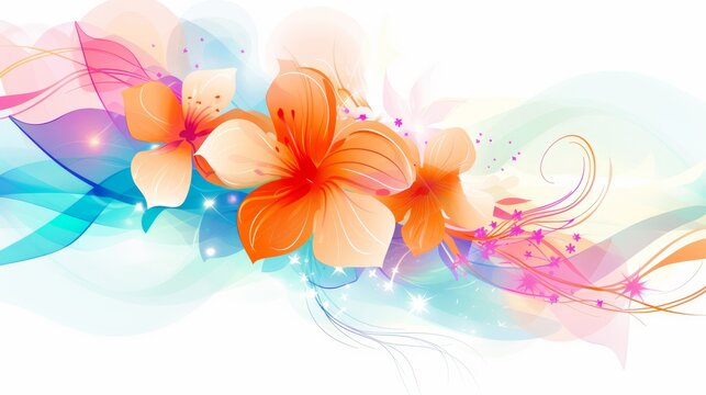 Floral abstract background with orange flowers and blue waves. Artistic wallpaper design with place for text.