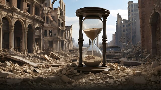  A photorealistic depiction of an hourglass placed amidst the ruins of a destroyed city, symbolizing the passage of time amidst devastation. The scene captures the intricate details of the hourglass a