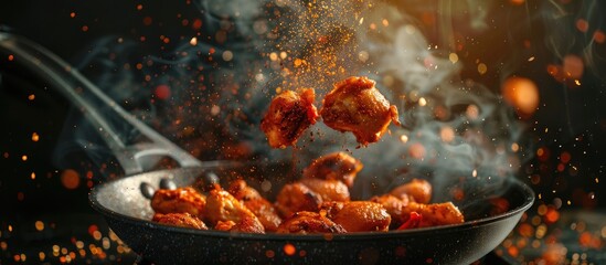 Image of a flying pan with chicken and spices. Idea of cooking in reduced gravity environment, floating food. Isolated on dark backdrop. High-quality picture.