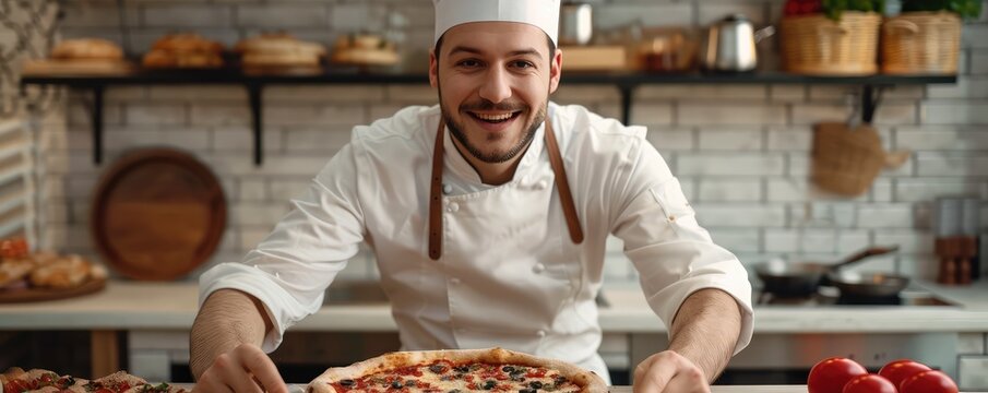 Smiling male chef with white hat cheerfully adding toppings to a pizza in a modern kitchen with a fire oven