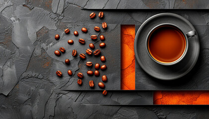 Top View of Espresso on Grunge Black and Orange Textured Background