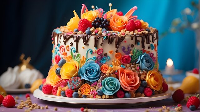 An artistic representation of a happy and delicious cake, bursting with vibrant colors and intricate details. The cake is depicted as a centerpiece, exuding joy and celebration.
