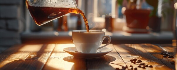 Capturing the motion of hot coffee being poured into a cup, with a splash and droplets suspended in the air - obrazy, fototapety, plakaty