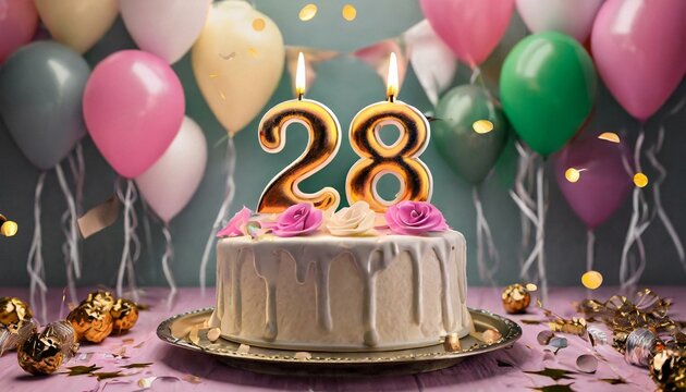 number 28 candle on a twenty eit year birthday or anniversary cake celebration with balloons
