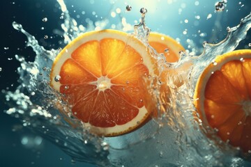 Refreshing Whole splashed oranges cinematic. Fresh ripe citrus vitamin fruit. Generate ai