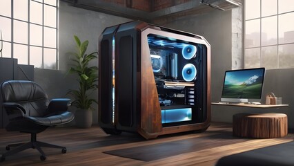 Modern High-End Custom PC Gaming Rig Setup in a Stylish Office Interior.