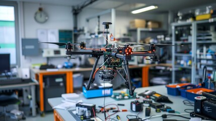 A large drone is sitting on a table in a room full of other drones and robots