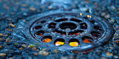 basement drain and water drop around it in - obrazy, fototapety, plakaty