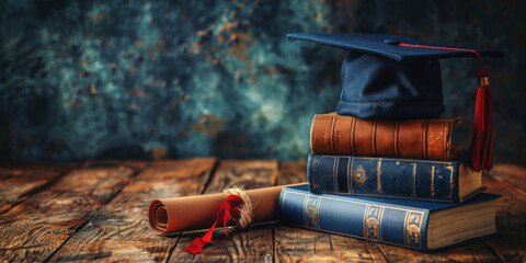 Graduation cap on a stack of old books, ideal for education themes. Graduation time in educational institutions. Graduation time in educational institutions.