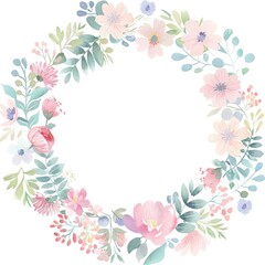 A lovely floral wreath border over an empty white background is watercolor and pastel color decorated.