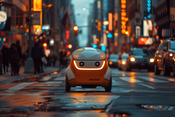 Autonomous robot facing city lights during dusk