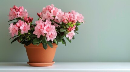 Capture the beauty of a pink azalea or Rhododendron plant in full bloom Picture it in a charming brown pot resting on a white table offering a side view with room for text perfect for celeb