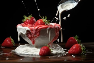 Creamy Yogurt spoon strawberry. Meal berry swirl. Generate Ai