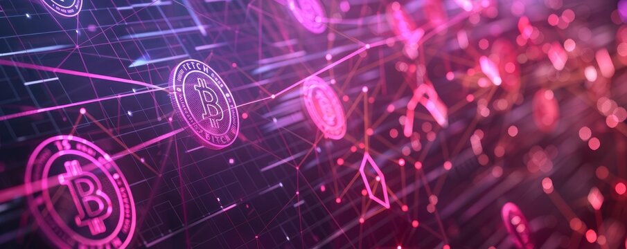 gradient backdrop in shades of pink and purple with a number of cryptocurrency logos floating around