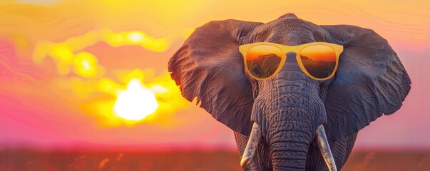 On a colorful backdrop of a savannah sunset, an elephant is seen wearing sunglasses. - obrazy, fototapety, plakaty