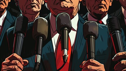 A satirical illustration of a close-up of politicians wearing suits at press conferences.