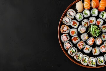 Sushi and rolls on a plate. View from above. place for text. On a black background. generative ai